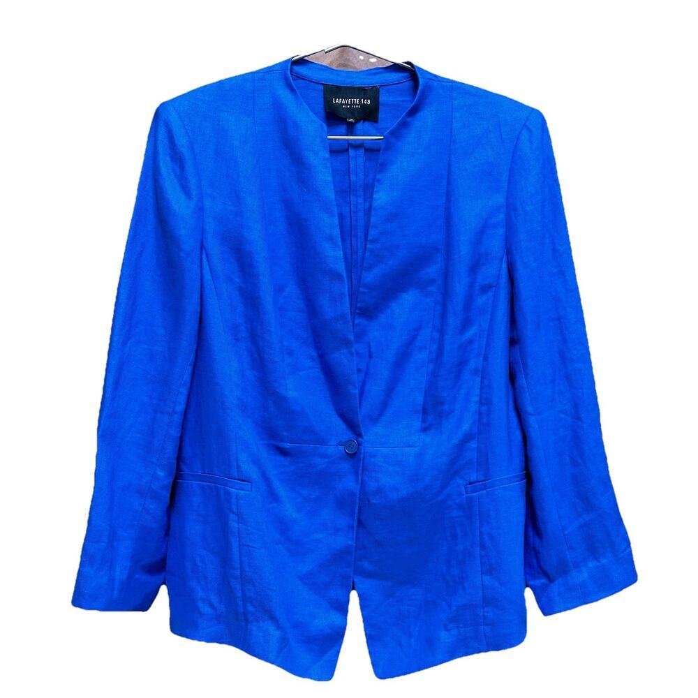 LAFAYETTE 148 Women's Sz 16 Royal Blue Linen Blazer Jacket Coastal Quiet Luxury - Picture 2 of 8